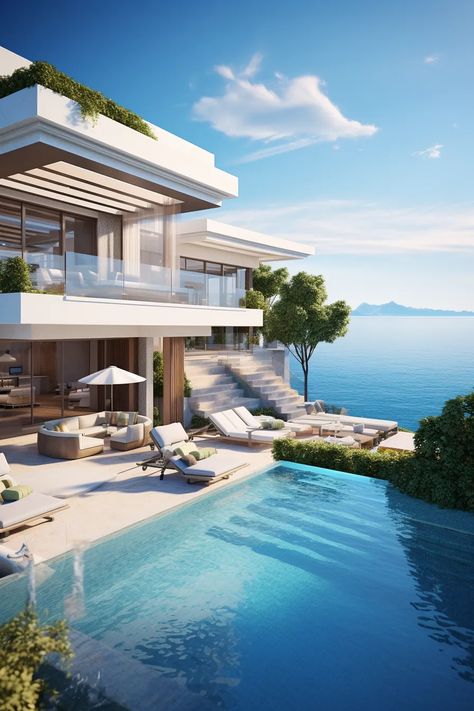 Modern Homes With Pools, Modern House By The Beach, Dream House By The Beach, House On Beach Dream Homes, Vila With Pool, Beach Villas Modern, House Overlooking The Sea, Villa On The Beach, Modern Beach House Exterior Ocean Views