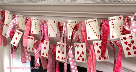 Valentine’s Garland Diy, Vintage Inspired Valentine Decor, Valentine S Day Activities, Valentine’s Garland, Diy Paper Valentines Decorations, Easy Valentine Decorations Diy, Galentines Party Banner, Upcycle Playing Cards, Homemade Valentines Decor