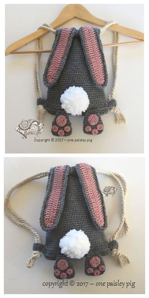 Bunny Backpack Free Crochet Pattern & Paid - DIY Magazine Crochet Bunny Backpack Free Pattern, Bunny Backpack Crochet, Crochet Baby Bunny Outfit Free Pattern, Crochet Rucksack Free Pattern, Cute Bags To Sew, Crochet Animal Backpack, Sew Backpack Pattern Free, Sewing Bag Ideas, Rainbow Yarn Crochet Ideas