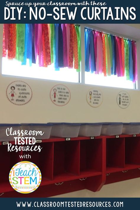 DIY Teacher Hack: How to create cute, custom, no-sew curtains for your classroom. Add a colorful touch to any room using scrap material,… Organisation, Classroom Curtains, Sew Curtains, Classroom Window, Classe D'art, Diy Classroom Decorations, Classroom Hacks, Curtains Farmhouse, Toddler Classroom