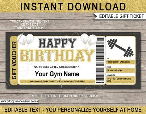 Gym Membership Template Birthday Gift - Surprise Workout Fitness Pass - Printable Voucher Certificate - INSTANT DOWNLOAD with EDITABLE text Baseball Tickets, Last Minute Birthday Gifts, Baseball Ticket, Happy Birthday Text, Template Birthday, Diy Coupons, Birthday Text, Ticket Template, Coupon Template