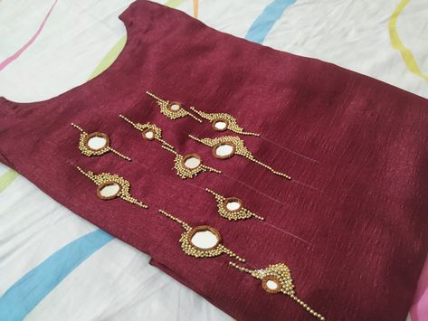 Khatli Work Design Kurti Neck, Simple Mirror Work Kurti Design, Khatli Work Design Kurti, Mirror Work Embroidery Design, Simple Mirror Work, Mirror Work Kurti Design, Fancy Dress Material, Mirror Work Dress, Khatli Work