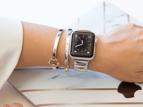 Silver women's bracelet for the Apple Watch, made of shiny pyramid links that wrap around the wrist. Shown here with a silver apple watch , silver rhinestone bracelet, and silver classic link band against a laptop background Apple Watch Silver, Apple Watch Bands Fashion, Apple Watch Bands Women, Apple Watch Series 8, Apple Watch Bracelets, Apple Watch Sizes, Gold Apple Watch, Gold Apple, Apple Watch Accessories