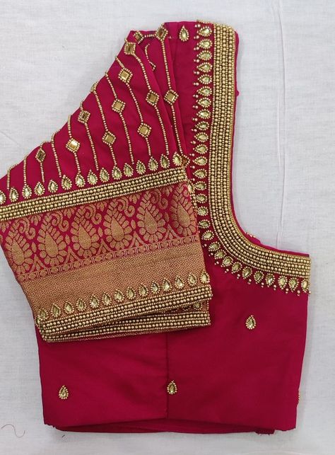 Simple Hand Aari Designs For Blouses, Aari Work In Border Blouse, Aari Neck And Sleeve Design For Tracing, Orange Colour Aari Work Blouse, Border Blouse Aari Designs, Border Aari Work Designs, Bridal Blouse Design, Magam Work Designs, Stone Work Blouse