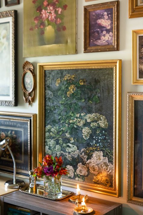 Adding Art To Your Home, Antique Picture Gallery Wall, Gallery Wall Impressionist, Vintage And Modern Art Gallery Wall, Wall Art On Wallpaper, Painting Frames On Wall Home Decor, Vintage Picture Frames On The Wall Bedroom, Art Studio Gallery Wall, Wall Antique Decor