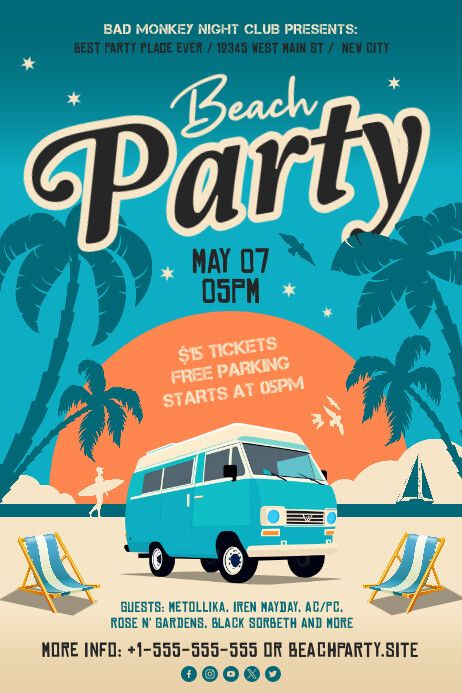 Beach Party Poster Beach Party Graphic Design, Bazaar Poster Design, Beach Graphic Design Poster, Retro Beach Poster, Summer Party Graphic Design, Beach Party Flyer Design, Graphic Design Event Poster, Canva Posters Design Ideas, Summer Event Poster