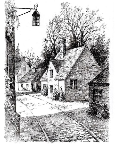 Pencil Landscape Drawings, Cottage Drawing, Village Drawing, Cityscape Drawing, Landscape Pencil Drawings, Reading Berkshire, Drawing Scenery, Tiny Village, Pen Art Drawings