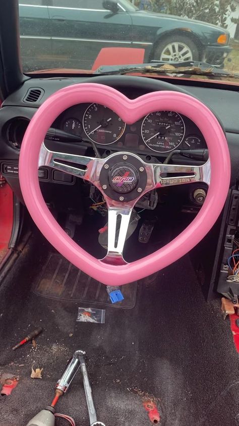 Heart Steering Wheel, Decorating With Pink, Na Miata, Pink Car Interior, Miata Car, Pink Wheels, Pink Cars, Pink Car Accessories, Car Assesories