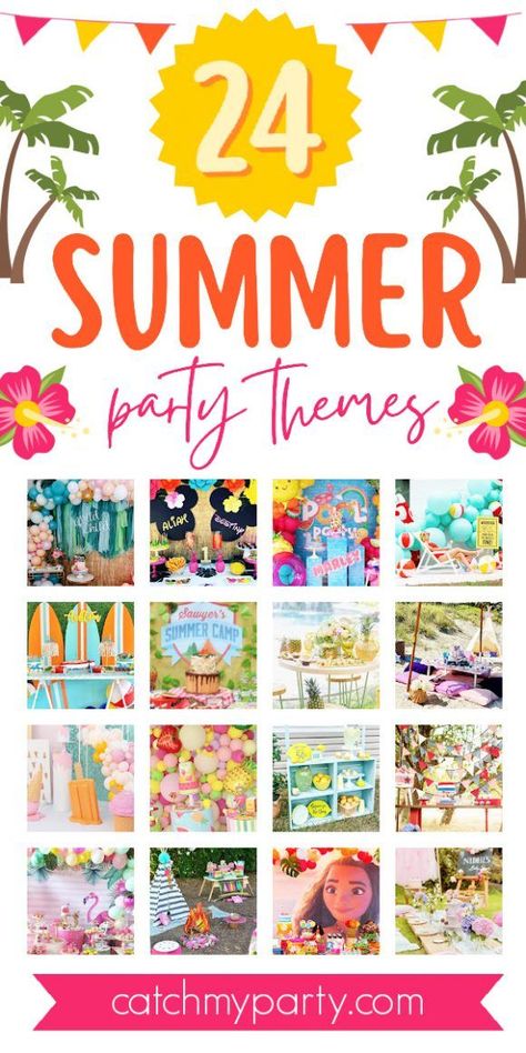 Days are getting longer and school is almost out, and before we know it summer will be here! Summer parties are such a big hit on Catch My Party, and so many themes work well at this time of year. Don't miss the 24 most popular summer party themes we've rounded up for you! See more party ideas and share yours at CatchMyParty.com Good Vibes Party Theme, Summer Office Party, Summer Events Ideas, Whimsical Words, Summer Birthday Themes, Adult Birthday Party Themes, Spring Theme Party, Summer Kids Party, August Themes