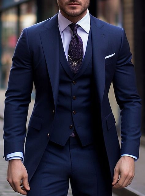 Men 2 Piece Suits, Mens Dress Suits Ideas, Fall Men Suits, Dark Navy Blue Wedding Suit, Wedding Tuxedo For Men Blue, Wedding Groom Blue Suit, Blue Three Piece Suit Men, Navy Blue Tux Wedding, Man In Wedding Suit