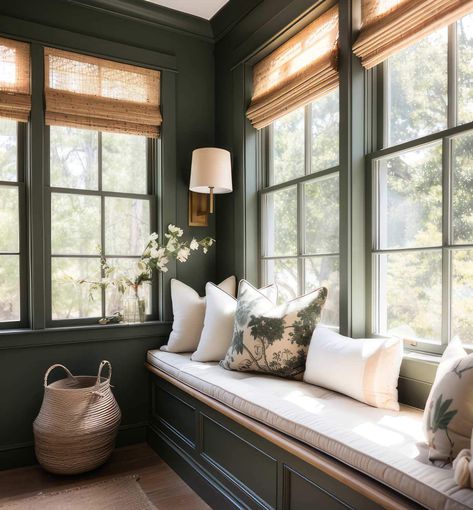 Sunroom Paint Colors, Green Sunroom, Sunroom Colors, Plank And Pillow, Dark Green Rooms, Green Living Room, Sunroom Decorating, Trending Paint Colors, Green Paint Colors