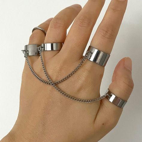 Introducing our edgy and unique punk-inspired stainless steel double ring with a trendy chain link detail. This statement piece is perfect for adding a touch of attitude to your look, whether you're heading to a concert or just wanting to stand out from the crowd. Made with high-quality stainless steel, these rings are not only stylish but also durable for everyday wear. Embrace your rocker side with this bold and versatile accessory! ▪️▪️▪️PRODUCT  Rustic Vampire Style Plain Double Rings Option Vampire Style, Music Bracelet, Punk Rock Jewelry, Aesthetic Rings, Chain Rings, Titanium Jewelry, Punk Inspiration, Nail Ring, Rock Jewelry