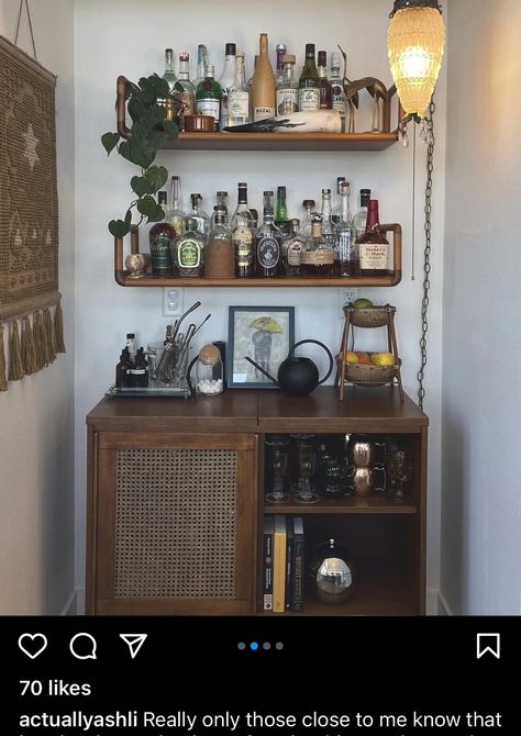 Shelves Over Bar Cabinet, Bar Cart And Shelves, Bar Cart Brick Wall, Coffee Bar Living Room Ideas, Vintage Bar Home, Mcm Bar Cart Styling, Cute Home Bar Ideas, Coffee Bar Eclectic, Mid Century Modern Coffee Station