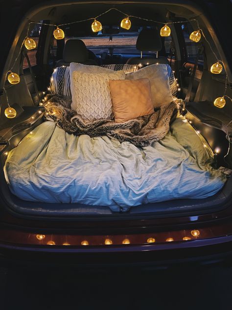 Suv Camping Aesthetic, Sleep In Car Aesthetic, Car Sunset Date, Car Fairy Lights, Sunset Car Date, Car Camping Aesthetic, Battery Powered Outdoor Lights, Car Sleepover, Camping Date
