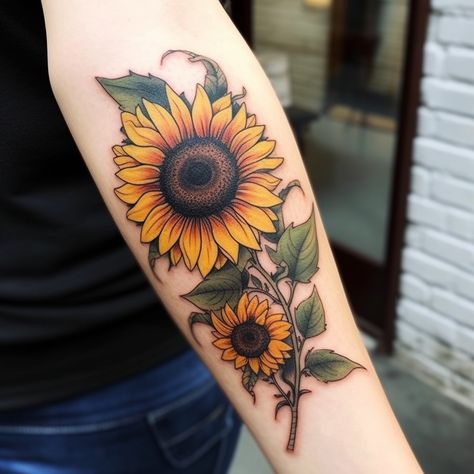 Sunflower Tattoo Meaning: A Guide To Symbolism 2023 Neotraditional Tattoo Sunflower, Tumblr, Sunflower Tattoo Shading, Sunflower Design Tattoo, Sunflower Drawing Design, Sunflower Tattoo Sleeve Color, Sunflower Tattoo Brown Skin, Sun Flower Tattoo On Shoulder, Sun Flower Tattoo Color