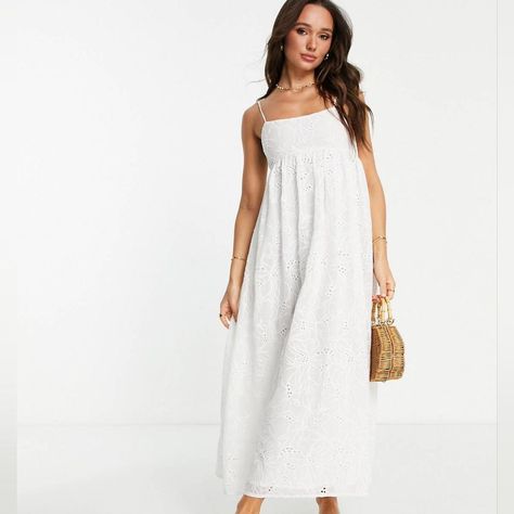 Asos Design White Babydoll Cami Maxi Dress Cutwork Floral Organza In White Size 2 Us New With Tags Asos, Design, Nordstrom, Maxi, White, Babydoll, Floral, Cutout, Cutwork, Organza, Button Back, Cami, Sleeveless, Eyelet, Summer, Spring, Bridal Shower, Bachelorette Party, Date Night, Party, Romantic, Cute, Pretty, Preppy, Boho, Bohemian, Beach Babydoll Cami, Ruched Maxi Dress, Cami Maxi Dress, Midi Sundress, Embroidered Maxi Dress, Grad Dresses, Asos Dress, Dress With Tie, White Maxi Dresses