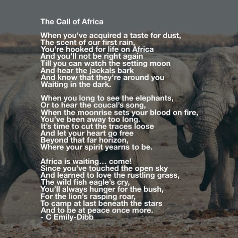 Poem ©: "The Call of Africa" - by C. Emily-Dibb. South African Poems, Africa Proverbs, Ryming Words, African Sayings, African Poems, Africa Quotes, Africa Drawing, Animal Poems, African Proverbs