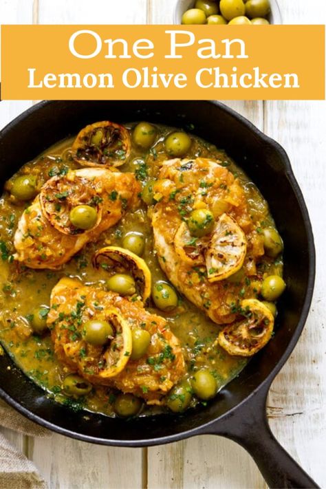 Restaurant results in a one pan, weeknight friendly recipe! One pan moroccan lemon olive chicken is an easy version of the classic moroccan tangine made with chicken, olives and lemons. Lemon Olive Chicken, Chicken Olives, Olive Chicken, Morrocan Food, Moroccan Cooking, Moroccan Dishes, Tagine Recipes, Olive Recipes, Chicken With Olives