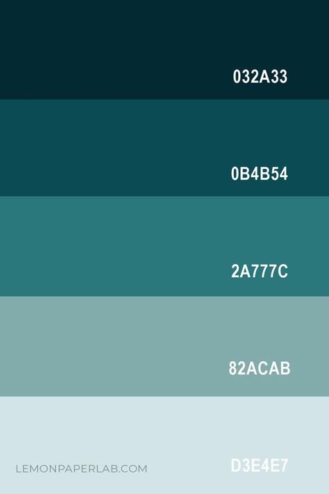 Looking for color inspiration? Check out this ombre teal color palette featuring Midnight Blue, Teal, Turquoise, Seafoam Green, and Light Gray Blue. Gray Blue Color Palette, Green Pallete, Blue Pallets, Teal Palette, Teal Color Palette, Turquoise Color Palette, Christmas Color Palette, Seafoam Color, Hex Color Palette