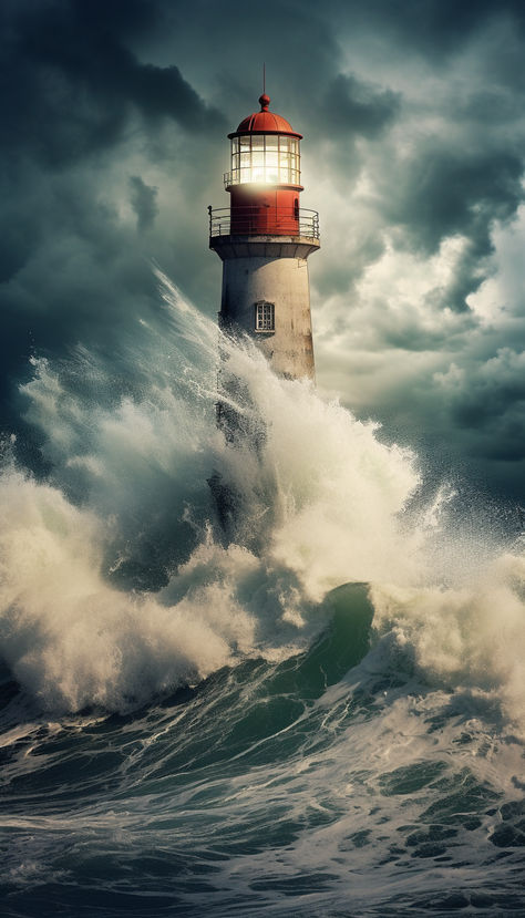 Dive into the powerful clash between nature's fury and the unyielding strength of a lighthouse, an embodiment of resilience amidst chaos. Lighthouse Storm Photography, Magical Lighthouse, Lighthouses Painting, Lighthouse In Storm, Lighthouse In A Storm, Lighthouse Artwork, Storm Lighthouse, Lighthouse Aesthetic, Lighthouse Waves