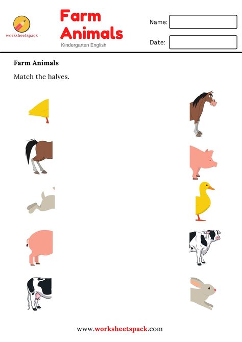 Farm animals match the halves worksheets. Montessori, Animals Pictures For Kids Printables, Farm Animals Worksheets Preschool, Farm Animals Worksheets For Kids, Free Printable Farm Animals, Sight Words Sentences, Printable Farm Animals, Animal Crafts Preschool, Animals Activities