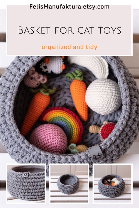 Amigurumi Patterns, Crochet Dog Toy Basket, Cat Toy Basket, Cat Toy Organization, Cat Crochet Toys, Crochet Toys For Cats, Crochet Cat Projects, Crochet Pet Toys Free Pattern, Knitted Cat Toys