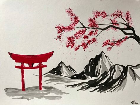 Original Aquarelle painting  Ink Simple Art  Watercolor | Etsy Japanese Painting Ideas, Simple Art Watercolor, East Asian Painting, East Painting Ideas, Japan Watercolor, East Asian Art, Chinese Ink Painting, Chinese Drawings, Aquarelle Painting