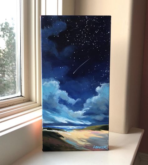 A shooting star in the night sky painting in acrylic. Follow me on instagram at louisebakerfineart Tela, The Night Sky Painting, Acrylic Sky Painting, Night Sky Drawing, Canvas Painting Projects, Painting In Acrylic, Drawing Stars, Acrilic Paintings, Night Sky Painting