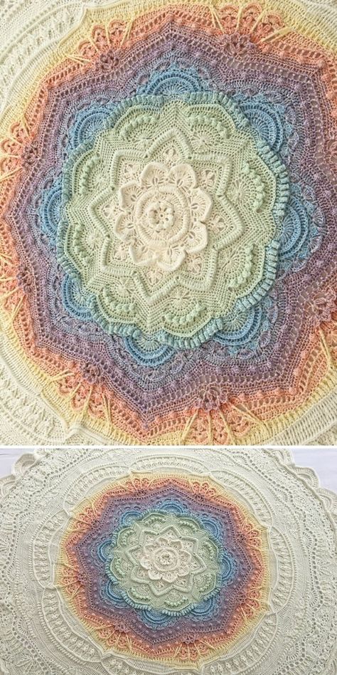 Summer Blossom Mandala Crochet, Mandala Rug Pattern, Crochet Pattern Rug, Mandala Yarn Blanket Crochet, Mandela Crochet Blanket, Crochet Projects With Ombre Yarn, Crochet Circle Mandala, Crochet Mandala Patterns Free, Crochet Blanket Patterns Mandala