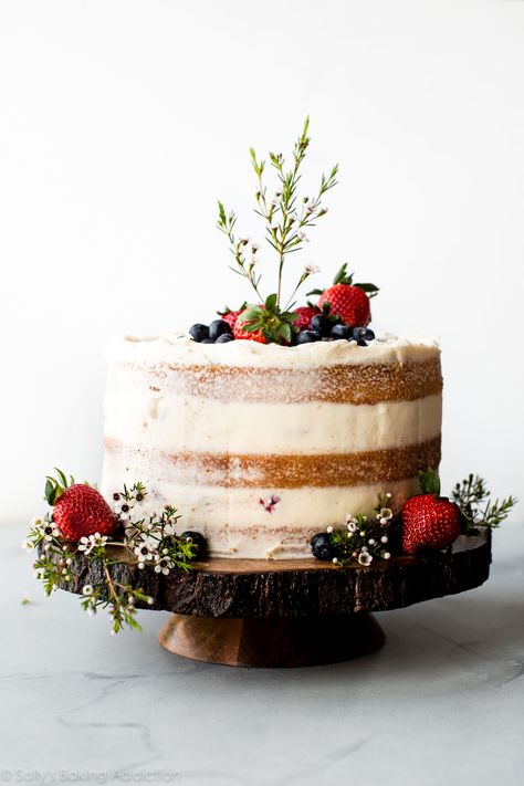 Vanilla Naked Cake | Sally's Baking Addiction Diy Wedding Desserts, Cake With Fresh Berries, Homemade Wedding Cake, Homemade Vanilla Cake, Cake Recipes At Home, Halloween Cookies Decorated, Fondant Recipe, Vanilla Cupcake Recipe