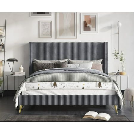 Grey Headboard Bedroom, King Upholstered Platform Bed, Upholstered Bed Frame, Elegant Bedroom, Twin Size Bedding, Panel Headboard, Guest Bed, Bed Frame And Headboard, Blue Bedding