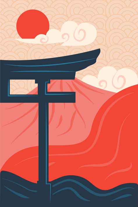 Japanese Vector Illustration, Japan Aesthetic Illustration, Japan Illustration Design, Japanese Background Aesthetic, Japanese Art Ideas, Japan Flag Wallpaper, Japan Minimalist Wallpaper, Japanese Aesthetic Poster, Japanese Illustration Design