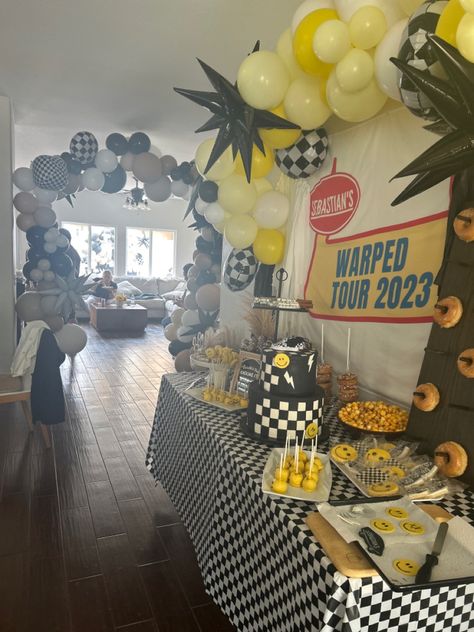 Off The Wall Birthday Party, Warped Tour 3rd Birthday, Warped Tour Themed Party, Emo Birthday Party Aesthetic, Warped 4 Birthday, Tattoo Station Ideas Birthday Parties, Blink 182 Party Theme, Pop Punk Birthday Party, Warp Tour Birthday