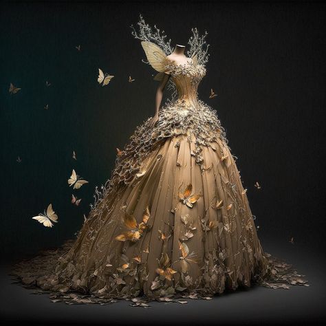 Haute Couture, Sun Themed Ball Gown, Butterfly Inspired Gown, Butterfly Bodice Dress, White And Gold Ballgown, Fairy Evening Gown, Mythical Ball Gowns, Fantasy Butterfly Dress, Garden Of Time Theme Dress