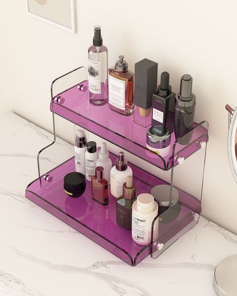 Organisation, Apartment Living, Vaporwave Room, Apricot Orange, Acrylic Furniture, Make Up Organiser, Cosmetic Bottles, Rich Purple, Dream House Decor