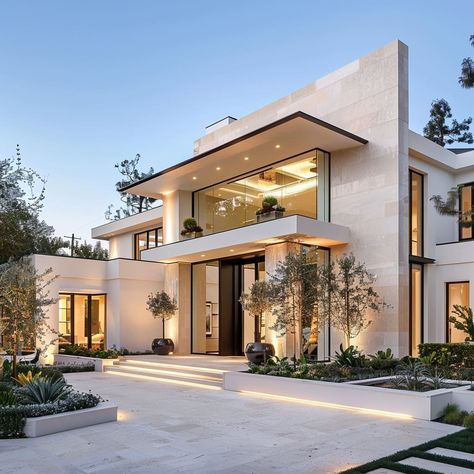 Minimalistic Modern House Exterior, Modern House Images, Courtyard Modern House, California Modern House Exterior, Most Modern Houses, Big White Modern House, Villa Plans Architecture, Soft Modern House, White House Big Windows