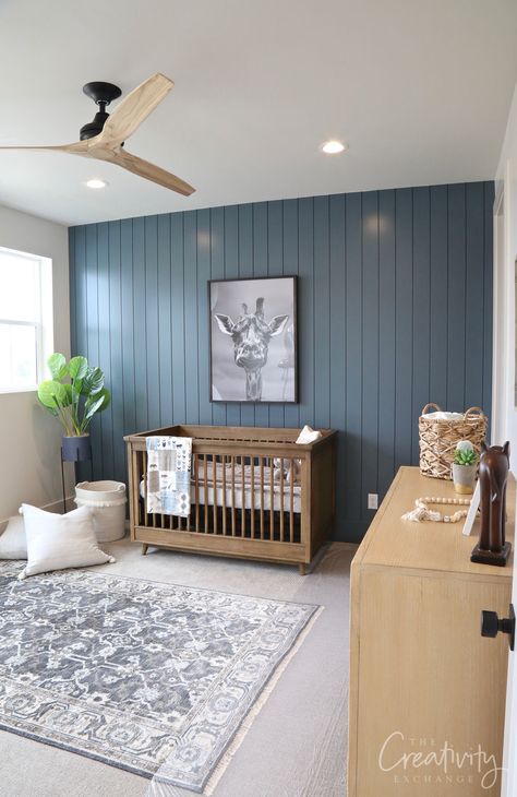 Blue Grey Shiplap Wall, Shiplap Blue Wall, Accent Wall Bedroom Blue Grey, Nursery Accent Wall Shiplap, Master Blue Accent Wall, Sw Slate Blue Paint, Nursery Focus Wall, Desk With Accent Wall, Slate Tile Sherwin Williams Accent Wall