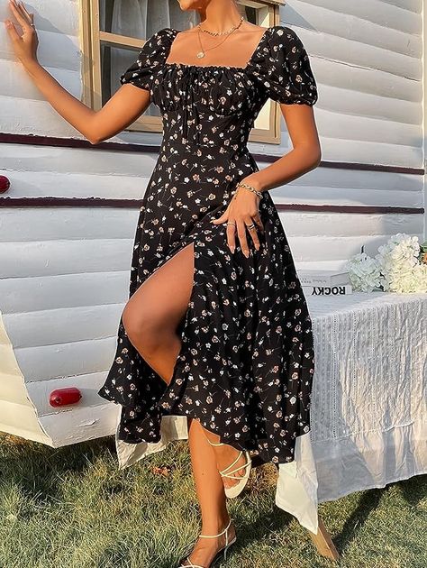 Fall inspo. Women's Floral Split Thigh Square Neck Puff Short Sleeve L.  Fall outfit inspo, fall outfit inspiration, bridesmaid dress, rehearsal dinner dress, semi-formal dress, hoco dress, hoco outfit, wedding rehearsal dinner dress, fall 2023 inspo, fall looks Split Dress Outfit, Sundress Outfit, Square Neckline Dress, Casual Sundress, Rehearsal Dinner Dresses, Boho Dresses Long, Square Neck Dress, Shein Dress, Modieuze Outfits