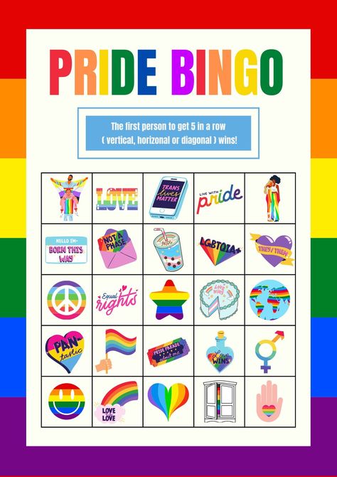 Pride Month LGBT Bingo Game Fun Activity Lgbtq Support Group Activities, Gsa Club Activities, Pride Month Activities For Work, Pride Club Ideas, Pride Month Calendar 2024, Pride Activities For Teens, Gsa Club Ideas, Gsa Activities, Pride Bingo