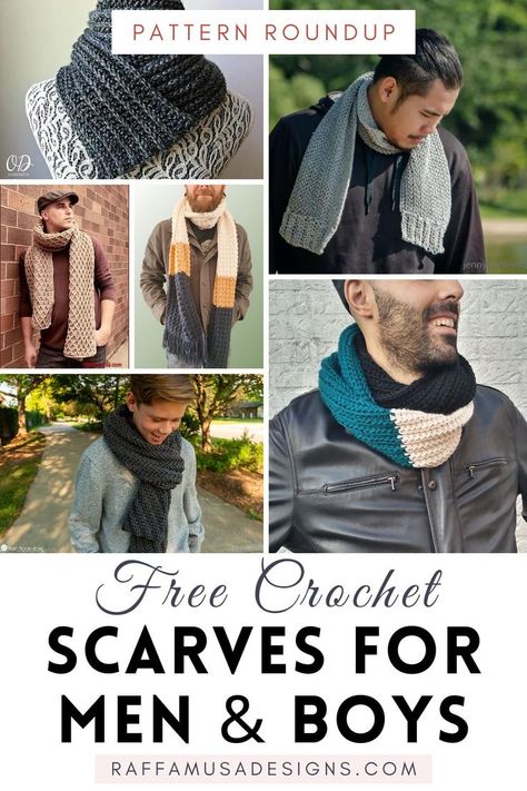 a collage of pictures showing boys and men wearing crocheted scarves Crochet Present For Men, Crochet Men Scarf Pattern, Beginner Crochet Projects For Men, Men Crochet Pattern Free, Free Crochet Mens Scarf Patterns, Crochet Scarf Ideas For Men, Man Crochet Scarf, Crochet Scarves Free Patterns Easy For Men, Men’s Scarf Crochet Pattern Free