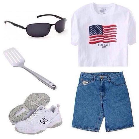 23 Outfits Every Single Person Will Immediately Recognize....  Dad on 4th of July. Bahahaha!  Jorts!  My husband is so offended when I say that!  LOL! Humour, Divorced Dad Rock Aesthetic, Dad Rock Aesthetic, Dad Starter Pack, Dad Themed Party, Funny Starter Packs, Dad Costume, Dad Fits, Sports Day Outfit