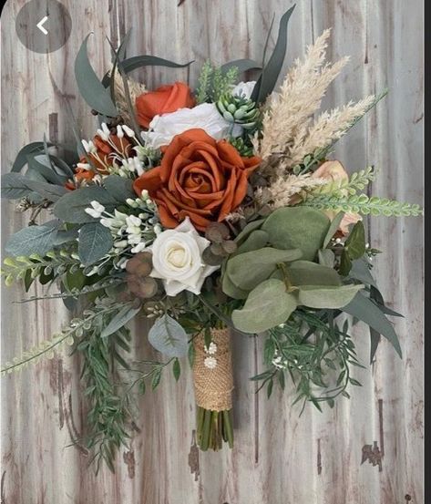 Burnt Orange And Eucalyptus Bouquet, Wedding Bouquets May Brides, Rust Orange Bouquet Wedding, Dusty Rose And Burnt Orange Wedding Colors, Green Orange And Red Wedding, November Wedding Burnt Orange, Sage Green And Burnt Orange Bouquet, Bride Bouquets Fall Rustic, Boho Wedding Flowers Bouquet Fall