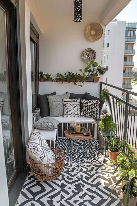 Cozy and stylish small apartment balcony ideas with lush plants, patterned textiles, and snug seating. Perfect for relaxation. Ideas For Balcony Small Spaces, Small Simple Balcony Ideas, Simple Small Balcony Ideas, Closed Terrace Ideas Interior Design, Small Apt Decor, Small Patio Aesthetic, Outdoor Apartment Balcony Ideas, Small Balcony Patio Ideas, Balcony Privacy Ideas Apartment