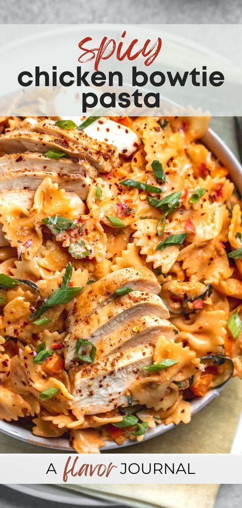 A creamy, spicy chicken pasta recipe with fresh zucchini, bell peppers, tomatoes, and plenty of heat! This spicy chicken pasta makes about three servings and comes together in 45 minutes. The perfect spicy pasta for weeknights or a cozy weekend in! #spicychickenpasta #bowtiepasta via @aflavorjournal Chicken Pasta Peppers, Healthy Chicken Recipes Pasta, Spicy Bow Tie Pasta, Essen, Chicken Pasta Mexican, Grilled Pasta Recipes, Quick Dinner Pasta Recipes, Easy Delish Dinner Recipes, Pasta Recipes With Peppers