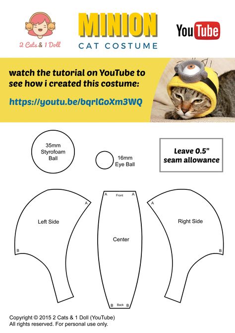 Minion Cat Costume - DIY pet Costume - sewing tutorial by 2 Cats & 1 Doll (YouTube) Minions, Couture, Diy Costume For Cats, Cat Hat Pattern Sew, Cat Hat Sewing Pattern, Diy Kitten Clothes, Cat Clothes Patterns, Diy Minion Costume, Diy Pet Costumes