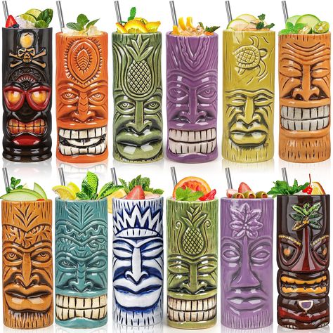 PRICES MAY VARY. SUPERIOR QUALITY : Our Tiki mugs made of pure ceramic, they are heat-resistant, durable, and have a good strength to hold liquids of varying temperatures. Moreover, as the tiki glasses are glazed they are much longer-lasting with their colors intact. FUNNY AND UNIQUE DESIGN: These hand painted and fired large ceramic Tiki cocktail glass very unique, different tiki face will add a touch of fun and elegance to your barware collection or party. GREAT FOR TIKI BAR: Tiki bars and res Tiki Party Ideas, Cocktails Glasses, Tiki Wedding, Tiki Culture, Tiki Glasses, Bar Decorations, Tiki Faces, Tiki Cocktail, Tiki Style