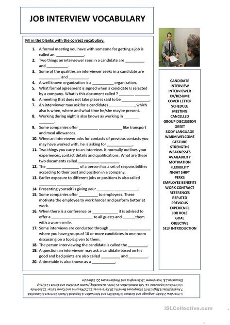 Job Vocabulary Worksheet, Job Vocabulary Learning English, English For Workplace, Interview Vocabulary English, Business English Vocabulary Worksheets, English Interview Conversation, English Learning Plan, English For Business, Esl Vocabulary Worksheets