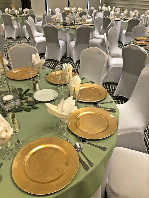 Green Gold White Table Decor, Sage Green Table Overlay, Olive Green Gold And White Table Setting, Sage Green And Gold Table Decor, Sage Green Table Decor Quince, Sage Green And Gold Sweet 16, Sage Green And Gold Table Setting, Sage Cream And Gold Wedding, Sage Green Wedding Table Setting Round