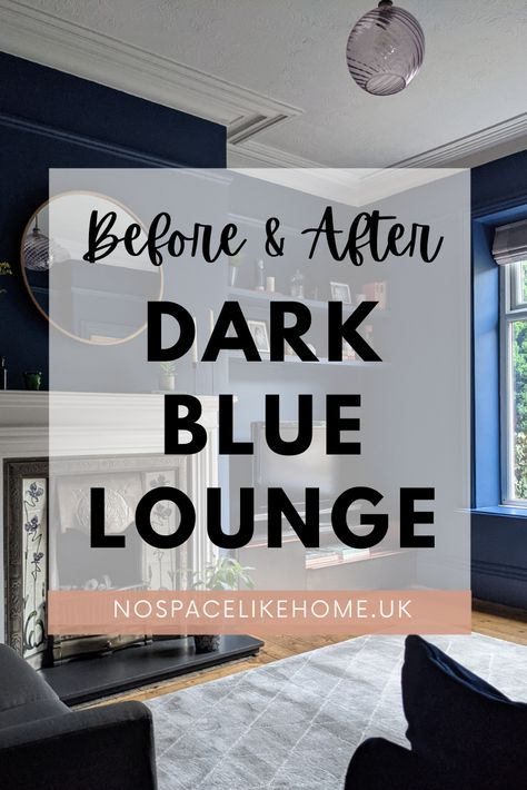 Dark blue lounge with fireplace and grey rug Blue Sitting Room Walls, Blue Sitting Room Decor, Small Living Room Blue Walls, Dark Blue Sunroom, Navy Wallpaper Accent Wall Living Room, Sapphire Blue Decor, Living Room Blue Carpet, Art Deco Blue Living Room, Sapphire Living Room