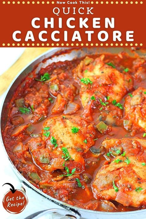 This quick and easy chicken cacciatore is ready in under an hour and has tender boneless, skinless chicken thighs in a tasty homemade tomato sauce that's filled with onions, garlic, bell peppers, mushrooms, herbs, and red wine. This speedier version of the Italian classic is delicious served over pasta for a weeknight dinner, Sunday dinner, or when serving guests. Get the recipe and try it! Red Wine And Chicken Recipes, Quick Chicken Cacciatore, Chicken Tomato Peppers Recipe, Chicken With Tomatoes And Onions, Chicken Thigh And Spaghetti Recipes, Chicken Leg Pasta Recipes, Chicken With Red Sauce Recipes, Red Sauce Dinner Ideas, Italian Chicken Thigh Recipes
